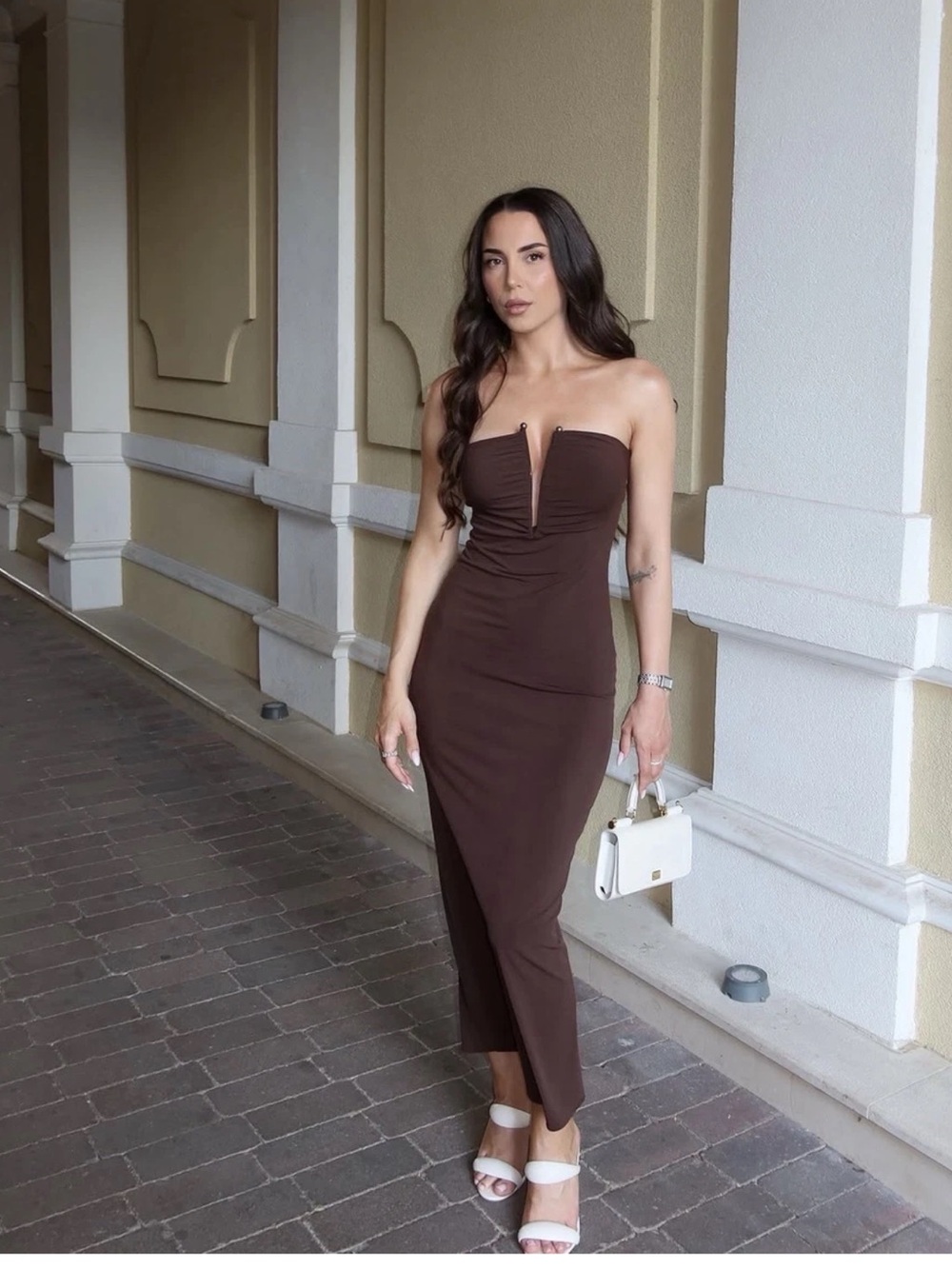 Zara brown strapless dress with metal buckle